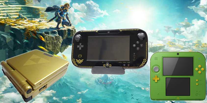 Perched on a floating island in art from The Legend of Zelda Tears of the Kingdom, Link looks down on three special edition Zelda consoles - the 3DS ,gameboy and gameboy advance