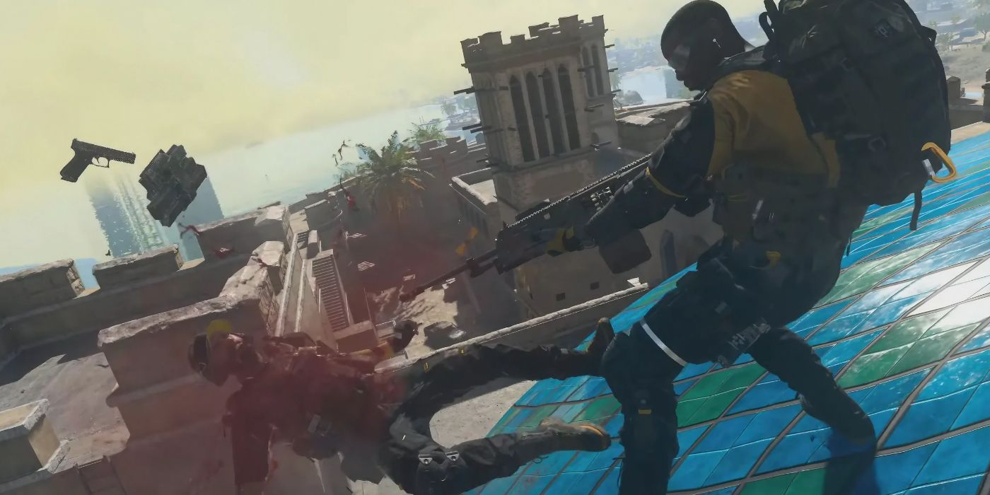 Performing a Finishing Move with a Rifle on a Rooftop in Warzone 2