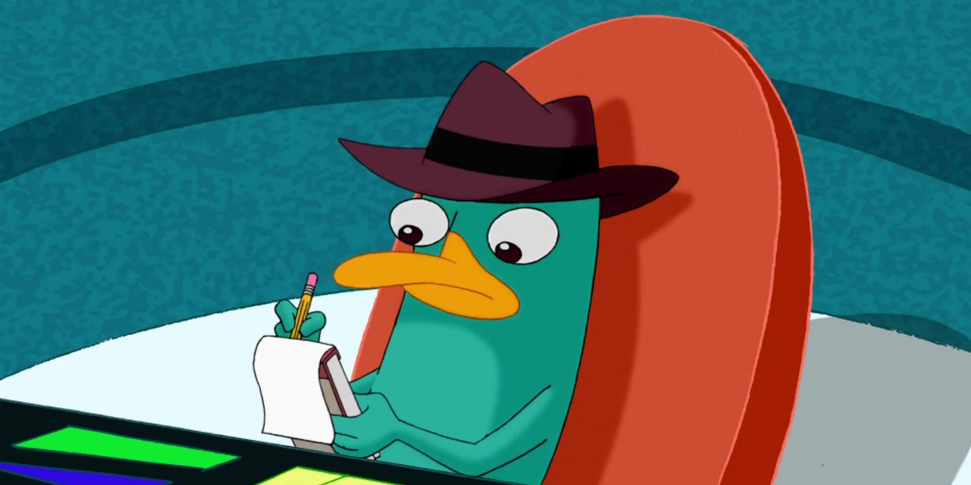 Perry écrivant ses instructions sur un livre dans Phineas et Ferb