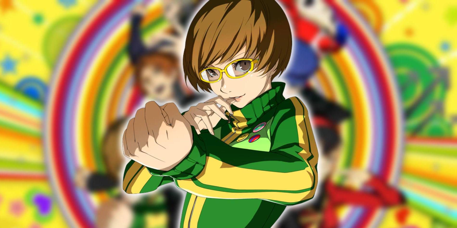 Persona 4 Golden Chie Satonaka Promotional Image With Game Coverart as Background