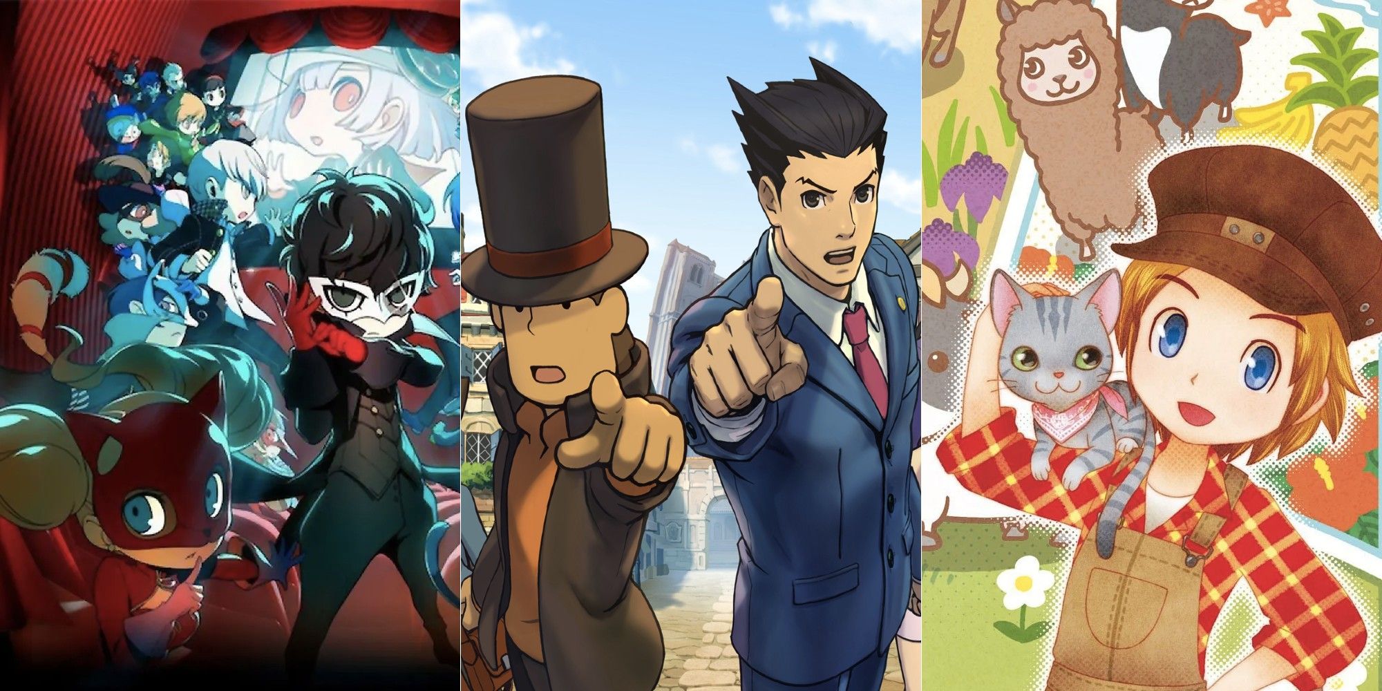 From left to right: Persona Q2 characters, Phoenix Wright and Professor Layton, Story of Seasons: ToT male protagonist.