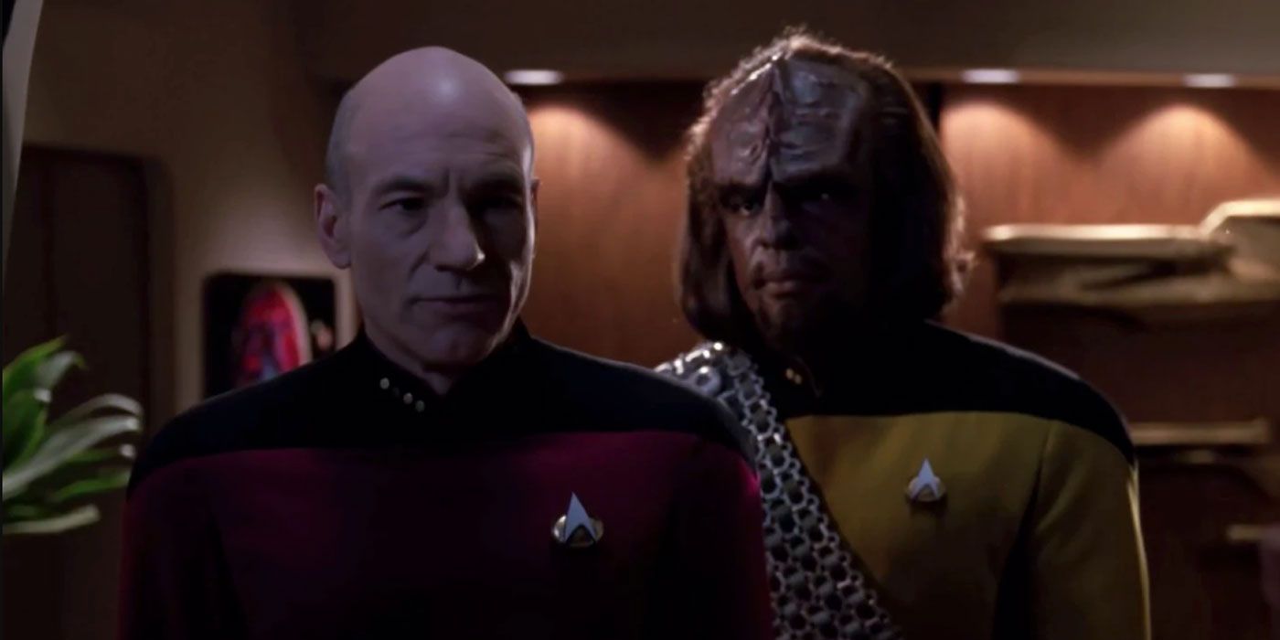 Captain Jean-Luc Picard and Lieutenant Worf in Star Trek: The Next Generation