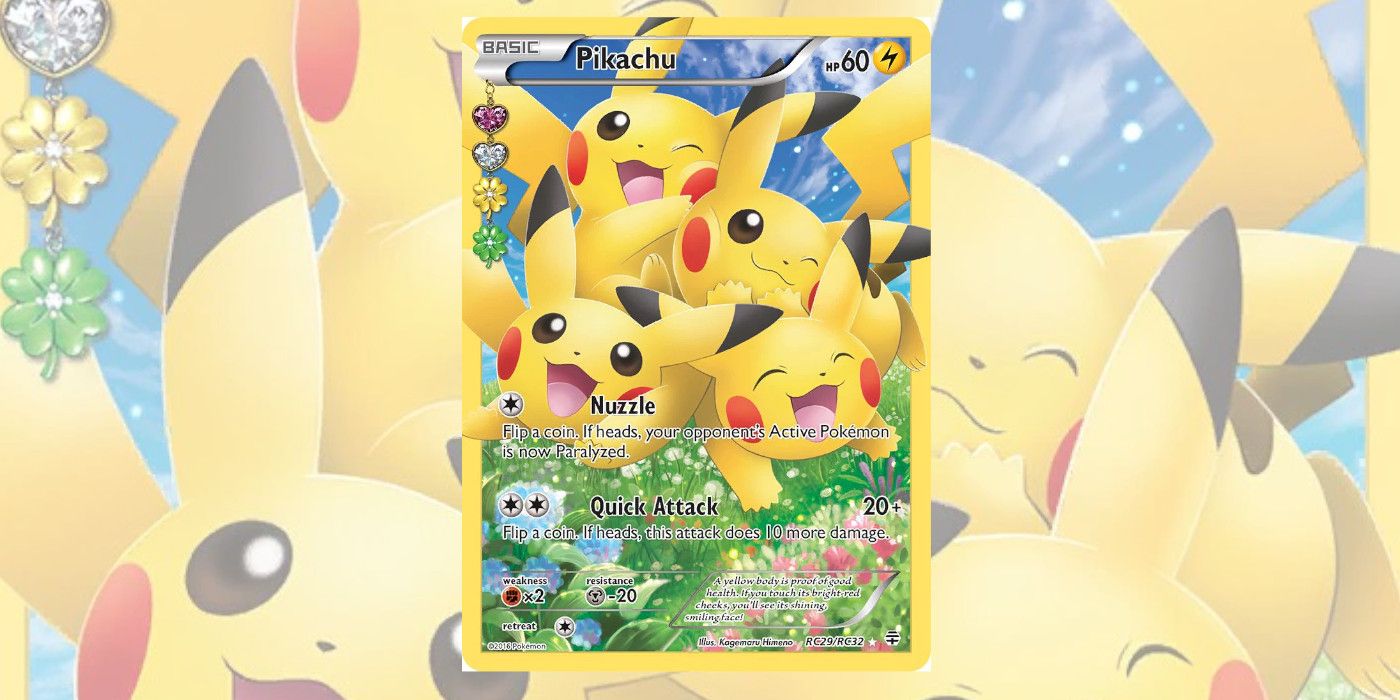 Pikachu Pokémon TCG Playing Card, with artwork showing four happy Pikachus all in a pile.