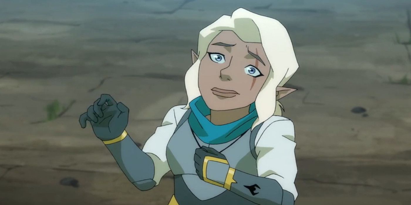 A still from the Legend of Vox Machina cartoon showing Pike Trickfoot, a white haired gnome