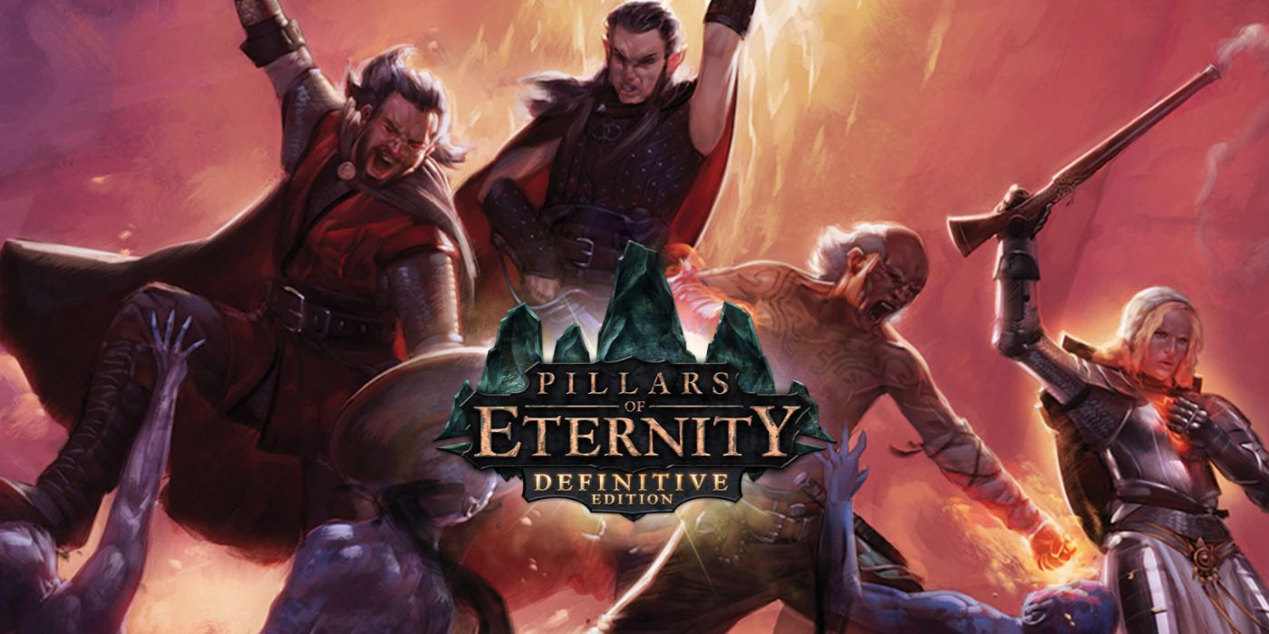 Arte promocional de Pillars of Eternity apresentando o grupo de heróis entrando na batalha.