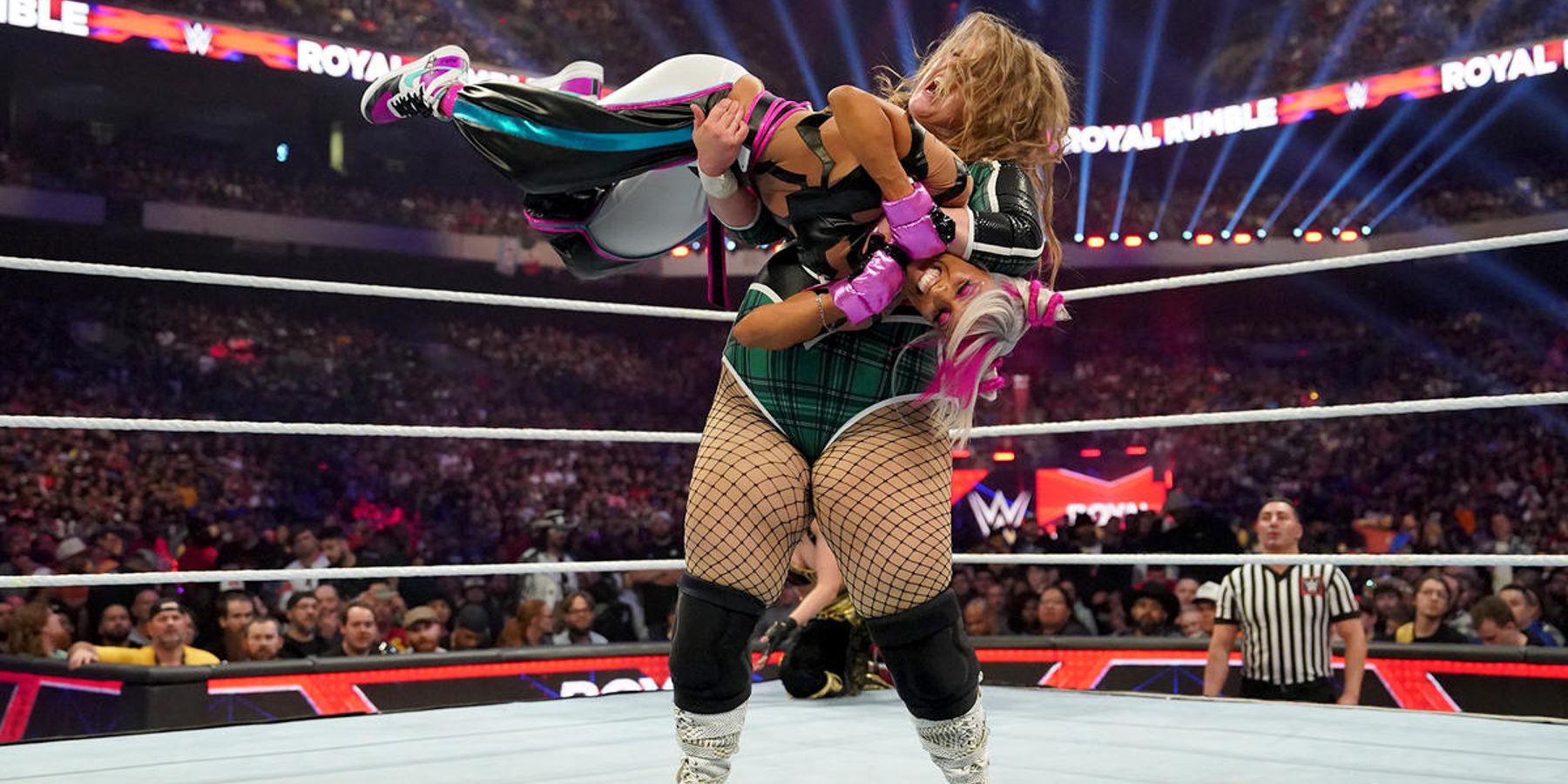 Piper Niven attempts to slam Zelina Vega during the women's Royal Rumble match in 2023.
