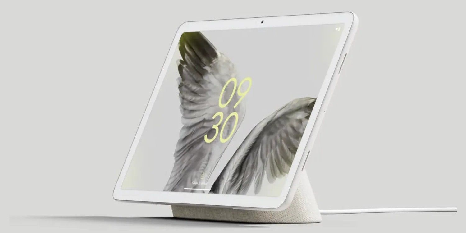 A photo of the Pixel Tablet attached to its speaker dock