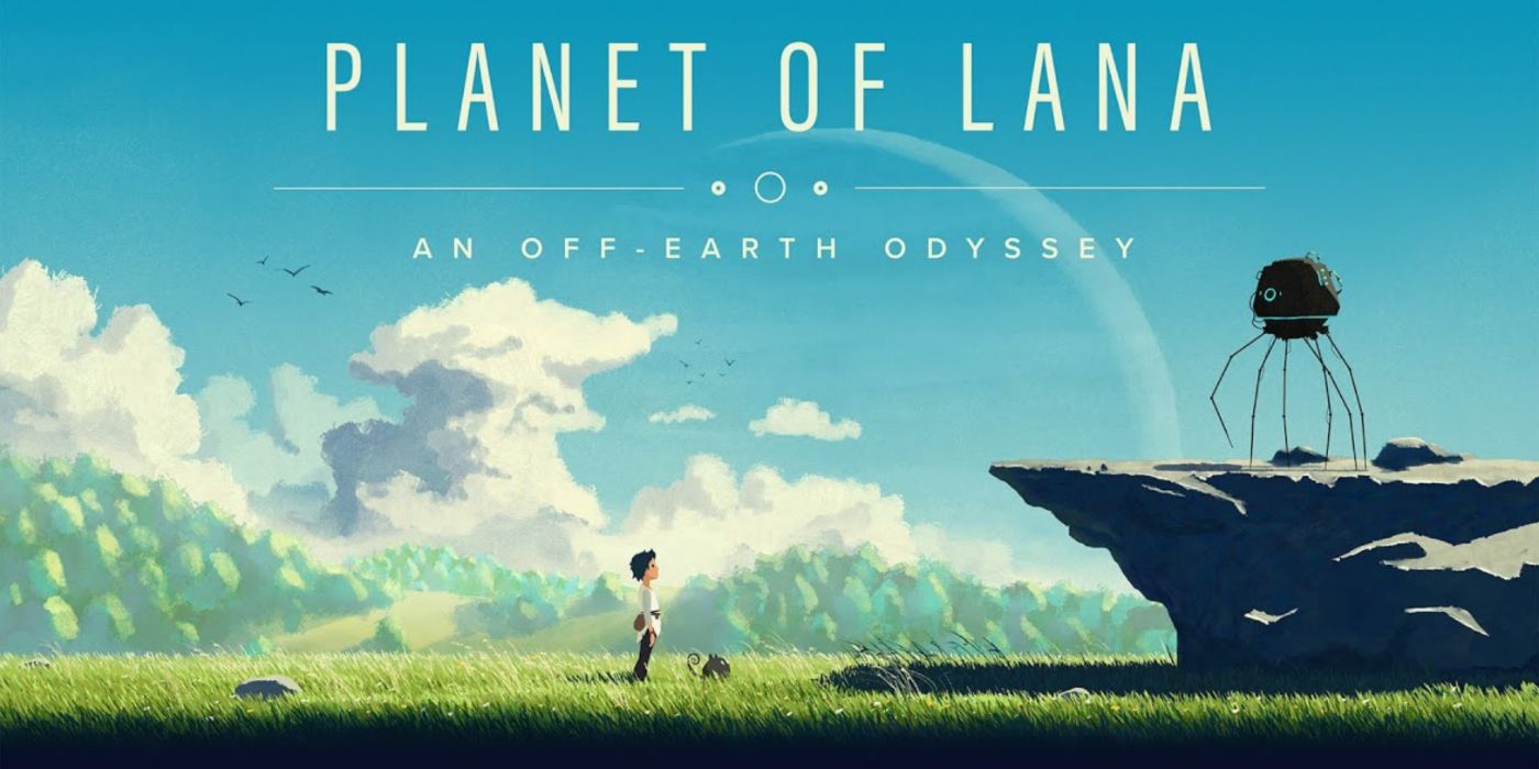 Planet of Lana promo art featuring the protagonist and her companion looking up at a robot.