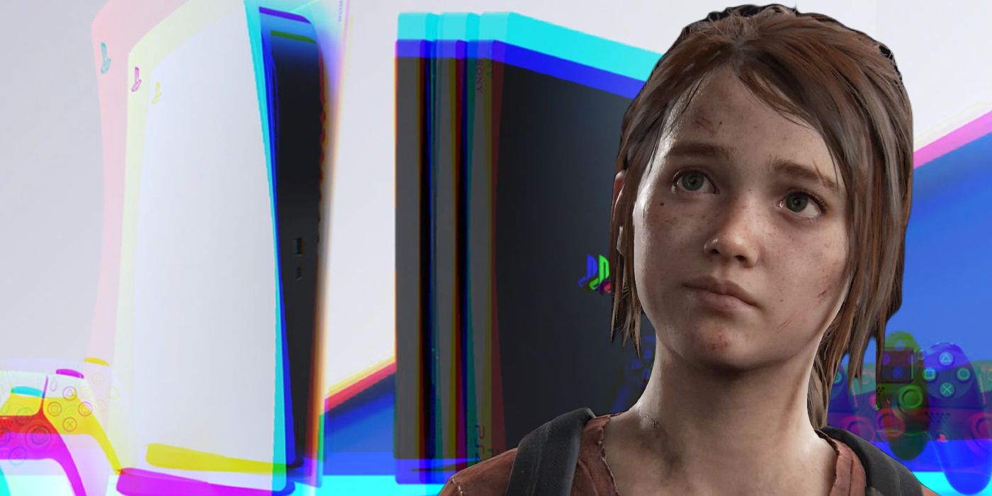 Ellie from The Last of Us: Part 1 looking inquisitively at an edited image showing the PlayStation 4 and PS4 Pro consoles.