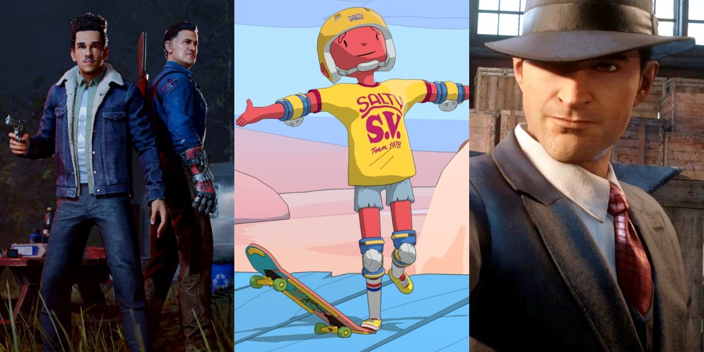 A vertically split image showing characters from three different games. From left to right: Pablo and Ash from Evil Dead: The Game; a skateboarder in OlliOlli World; and Tommy Angelo from Mafia: Definitive Edition.