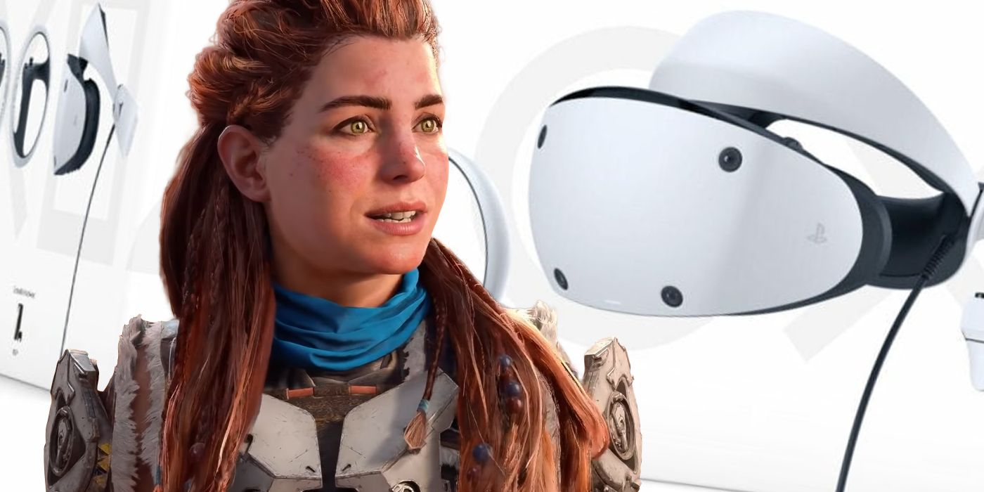 Image of a grimacing Aloy from Horizon Forbidden West stood in front of the box for the PlayStation VR 2, which shows off the headset and controller.
