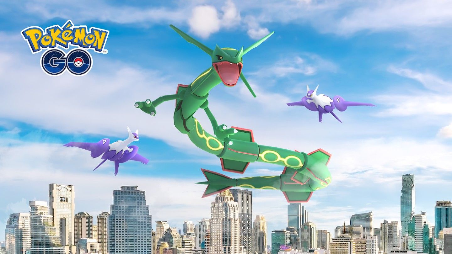 Pokémon GO: Primal Rumblings' key art, showing Rayquaza, Mega Latios, and Mega Latias flying above a city.
