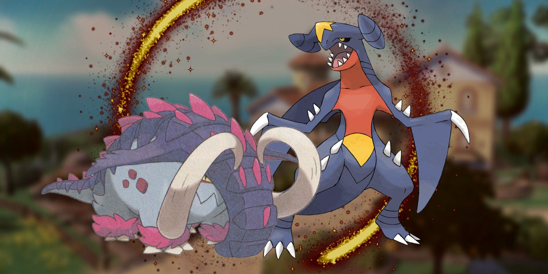 Pokémon Scarlet et Violet's Great Tusk à gauche et Garchomp à droite, avec une énergie brune qui les entoure.  En arrière-plan est floue une image de la maison du Dresseur à Paldea.