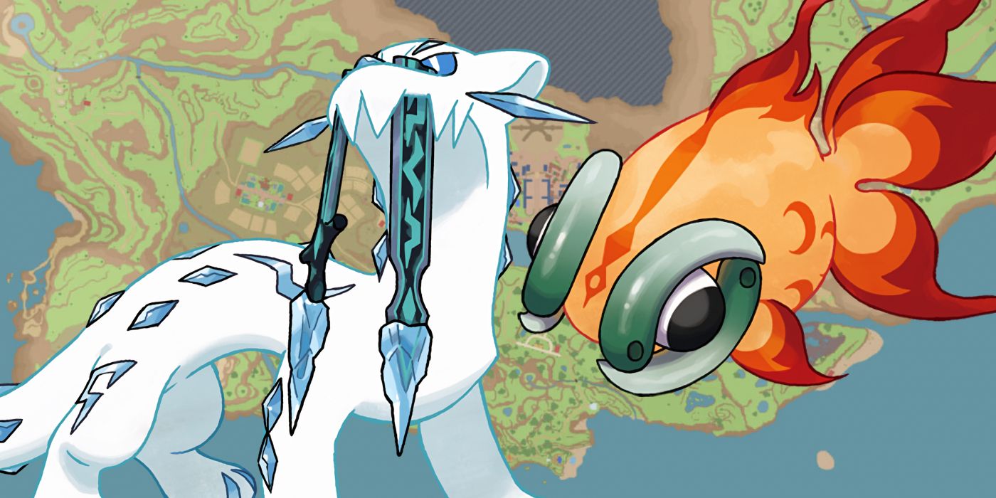Two of Scarlet and Violet's Treasures of Ruin Legendary Pokémon, Chien-Pao on the left and Chi-Yu on the right, in front of a map of Paldea.