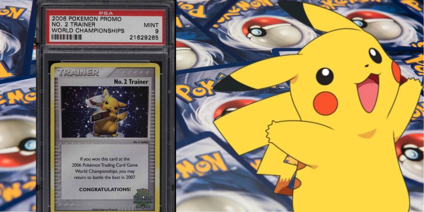 Image of 2006 World Championship No.2 Trainer Promo Card  alongside a background of pokemon cards and Pikachu himself