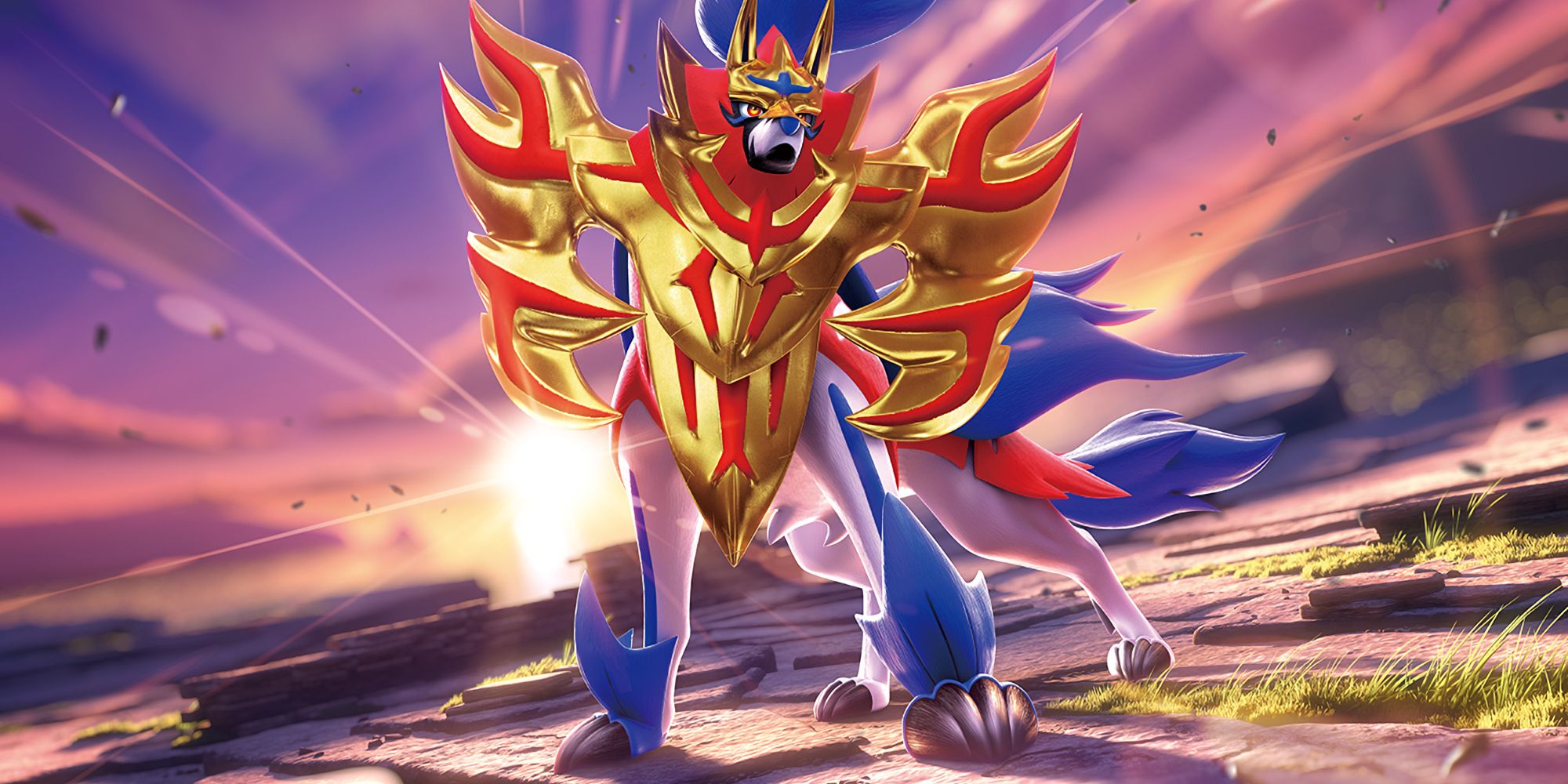 Artwork from the Pokémon TCG showing Zamazenta in its Crown Shield from illuminated from behind by the sunset.