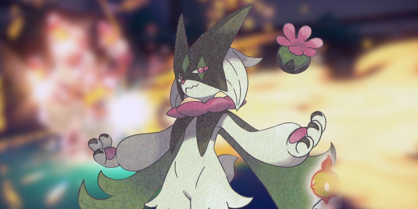Meowscarada com uma Batalha Ranqueada em segundo plano em Pokémon Scarlet & Violet