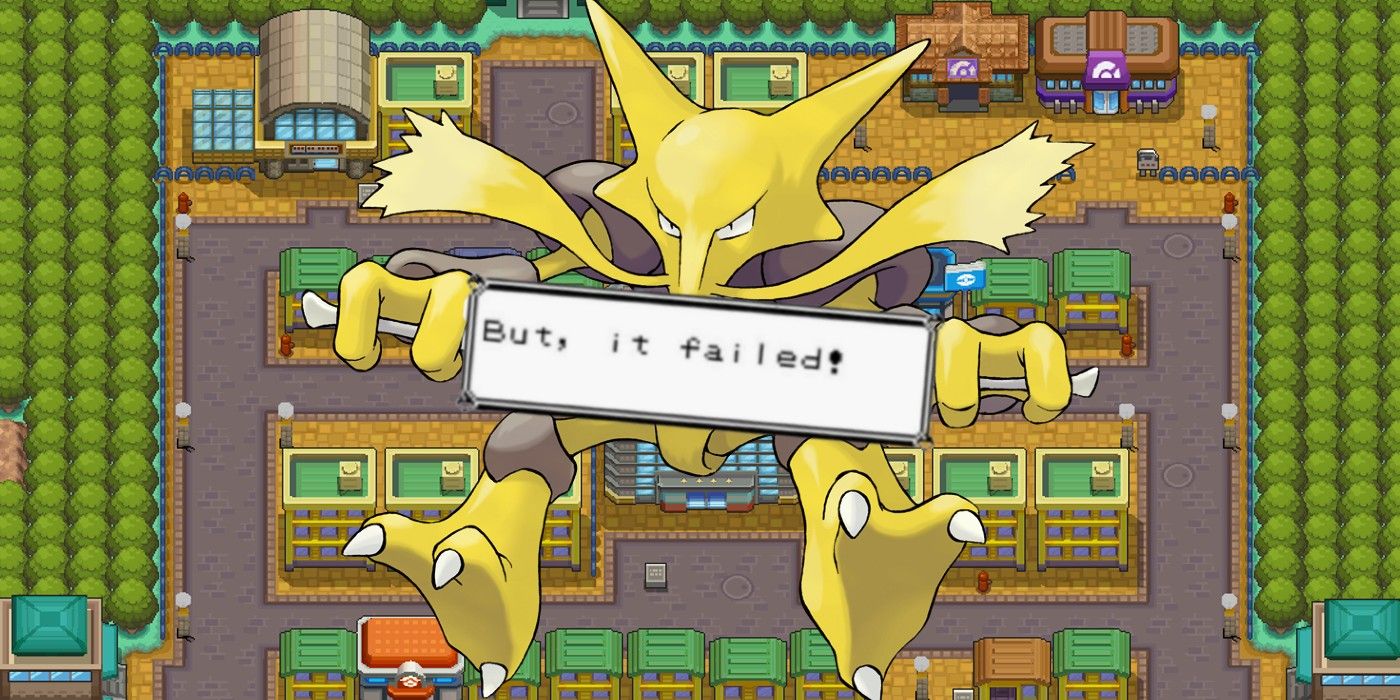 Alakazam holding a failure message from Pokémon in Saffron City