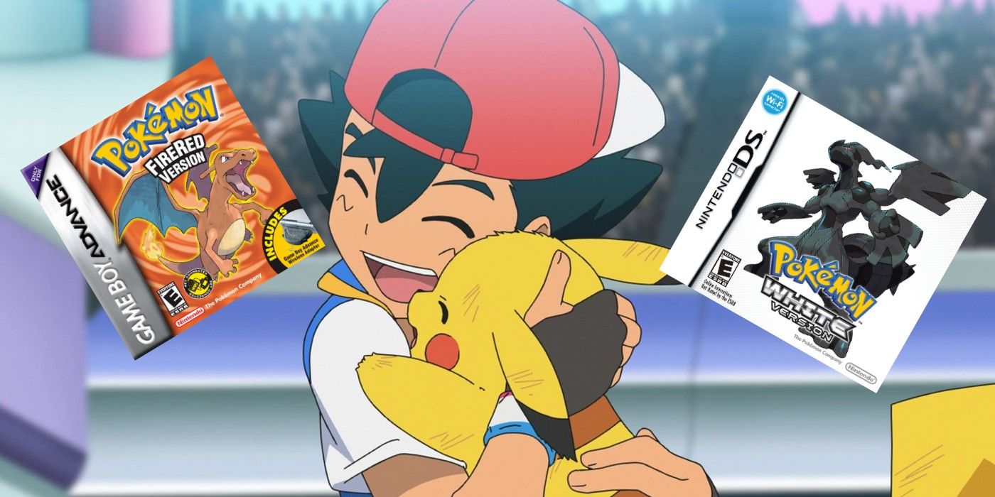 Pokémon's Ash and Pikachu with cover art for Pokémon FireRed and Pokémon White.