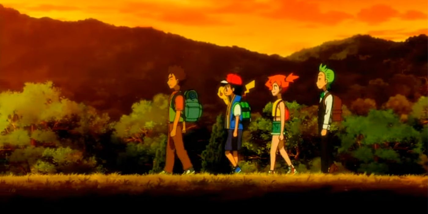 Pokemon: Brock, Ash, Misty, and Cilan walk together.
