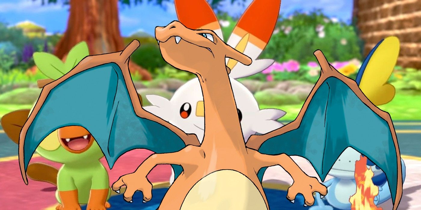 Charizard in front of the starter Pokémon from Pokémon Sword and Shield.