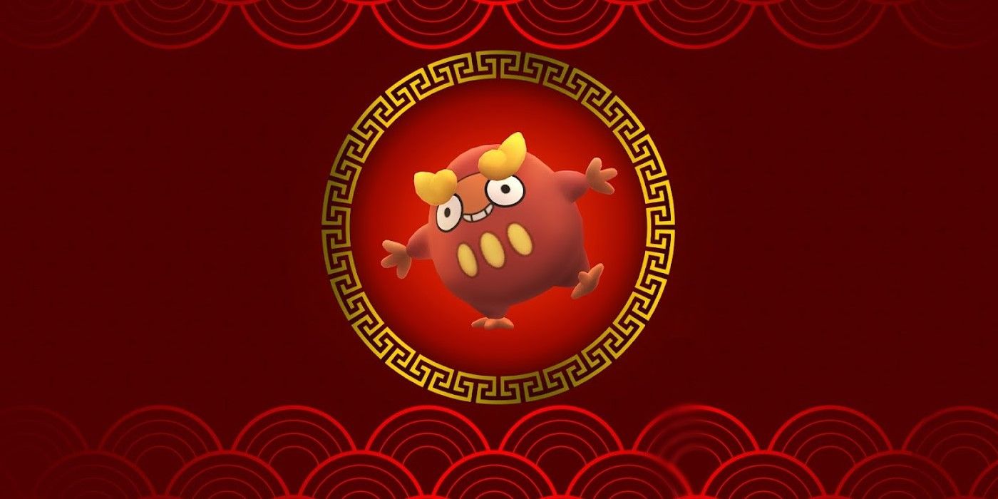 Pokemon GO Darumaka on a Lunar New Year red & gold Backgroun