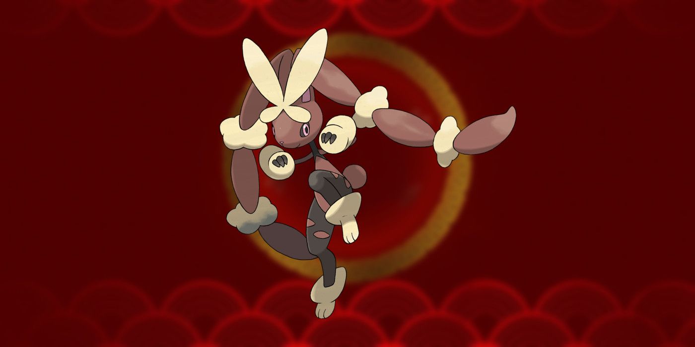Pokemon GO Mega Lopunny on a Lunar New Year red & gold background