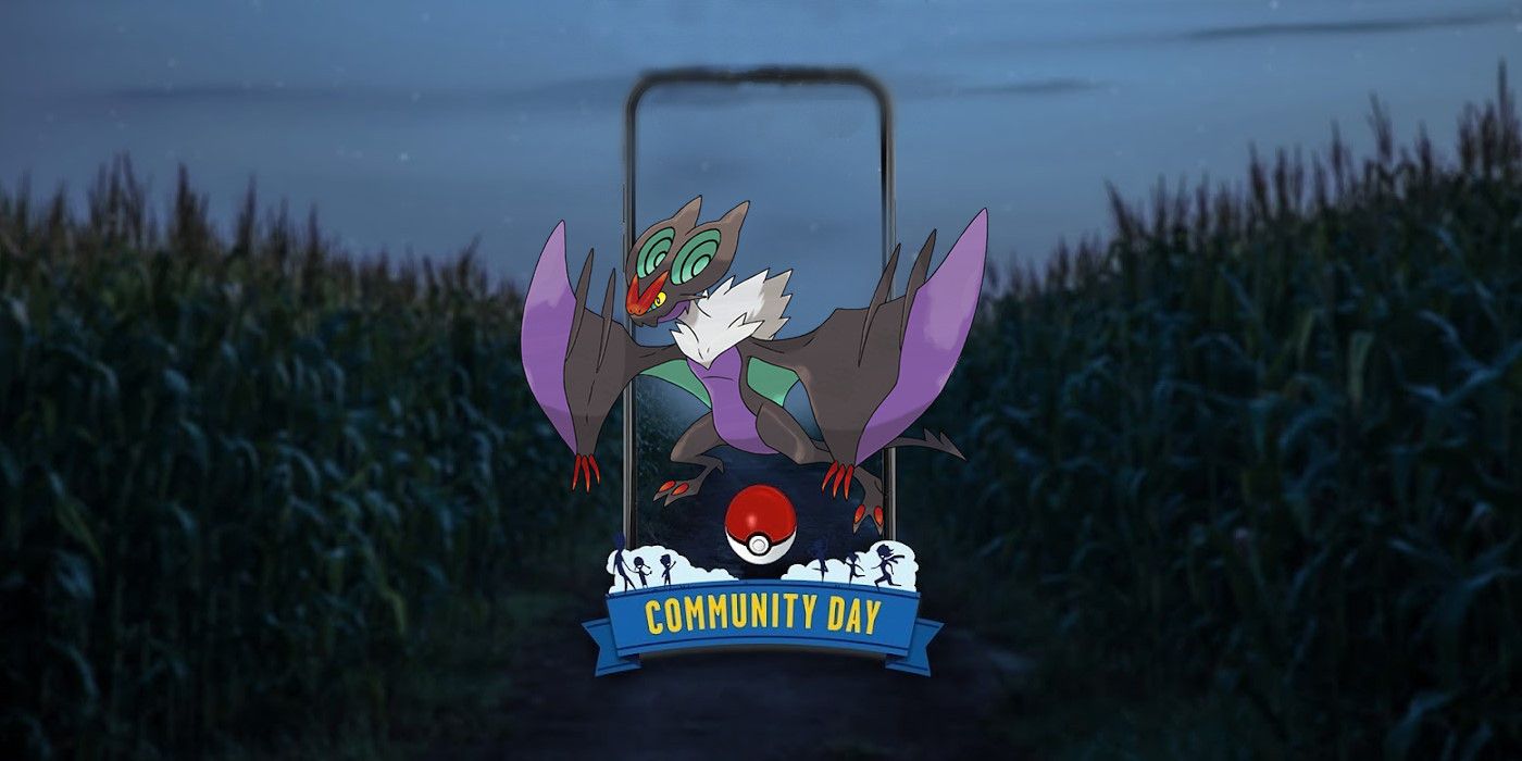 Noivern em um plano de fundo do Pokémon GO Community Day