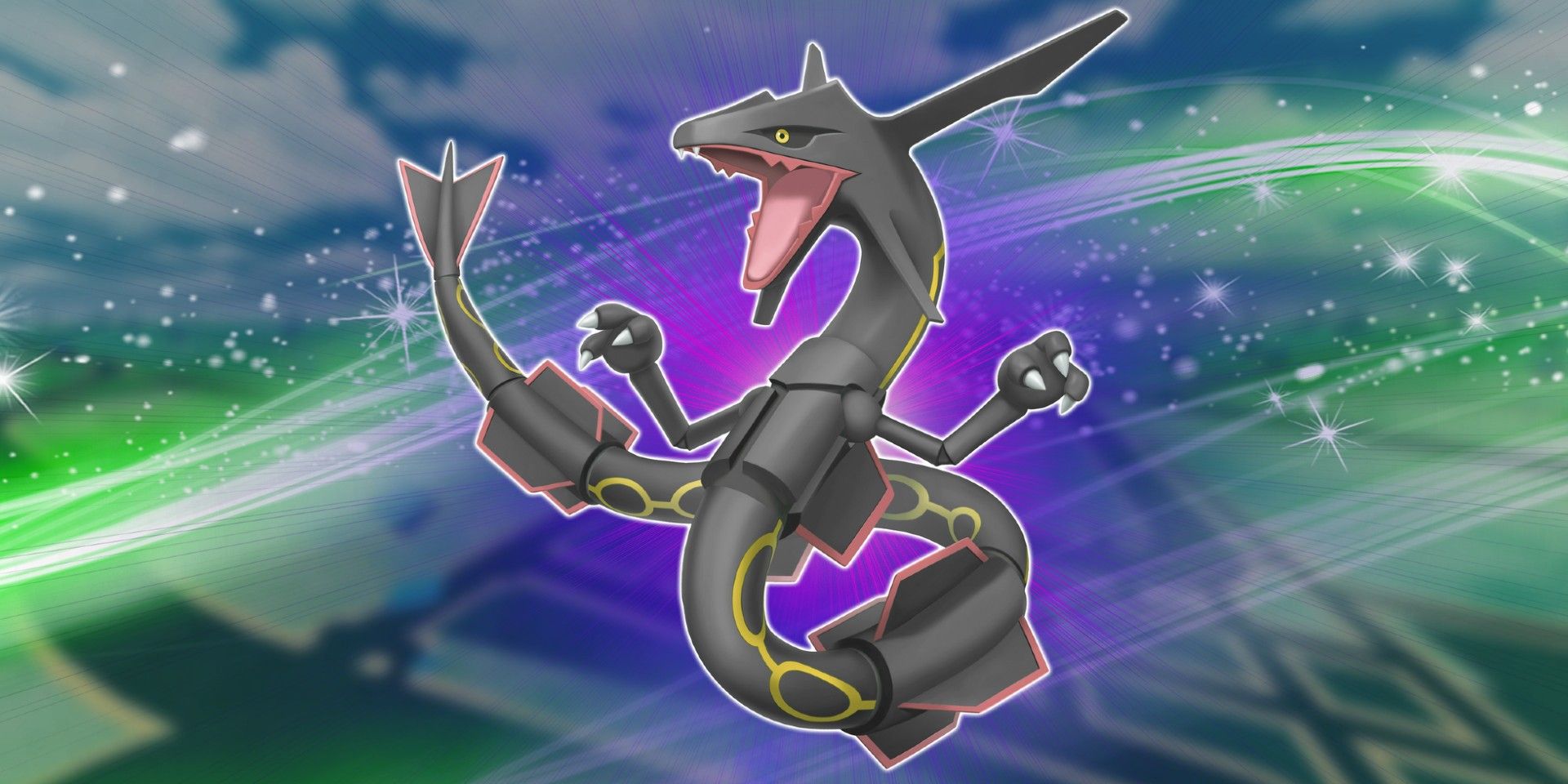 Rayquaza is shiny with a purple backlit and behind it is a green flow of energy, and in the background, a blurred image of the Pokémon GO map.