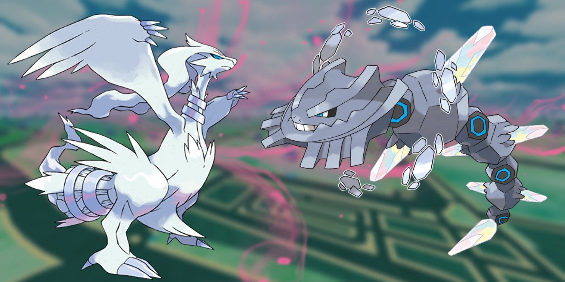 Pokemon's Reshiram is on the left and Mega Steelix is on the right. Behind them is a pink mist effect with Pokémon GO's layout in the background.