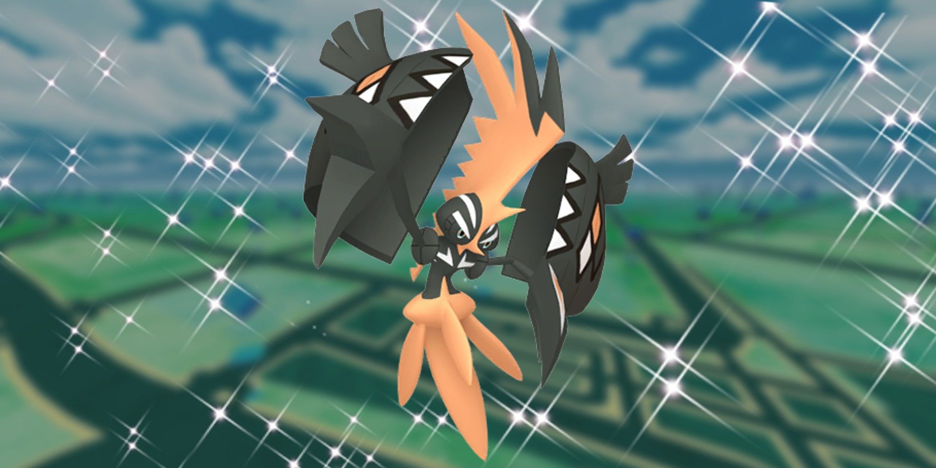 A Shiny Tapu Koko with sparkles behind it and a blurred image of the Pokémon GO card.