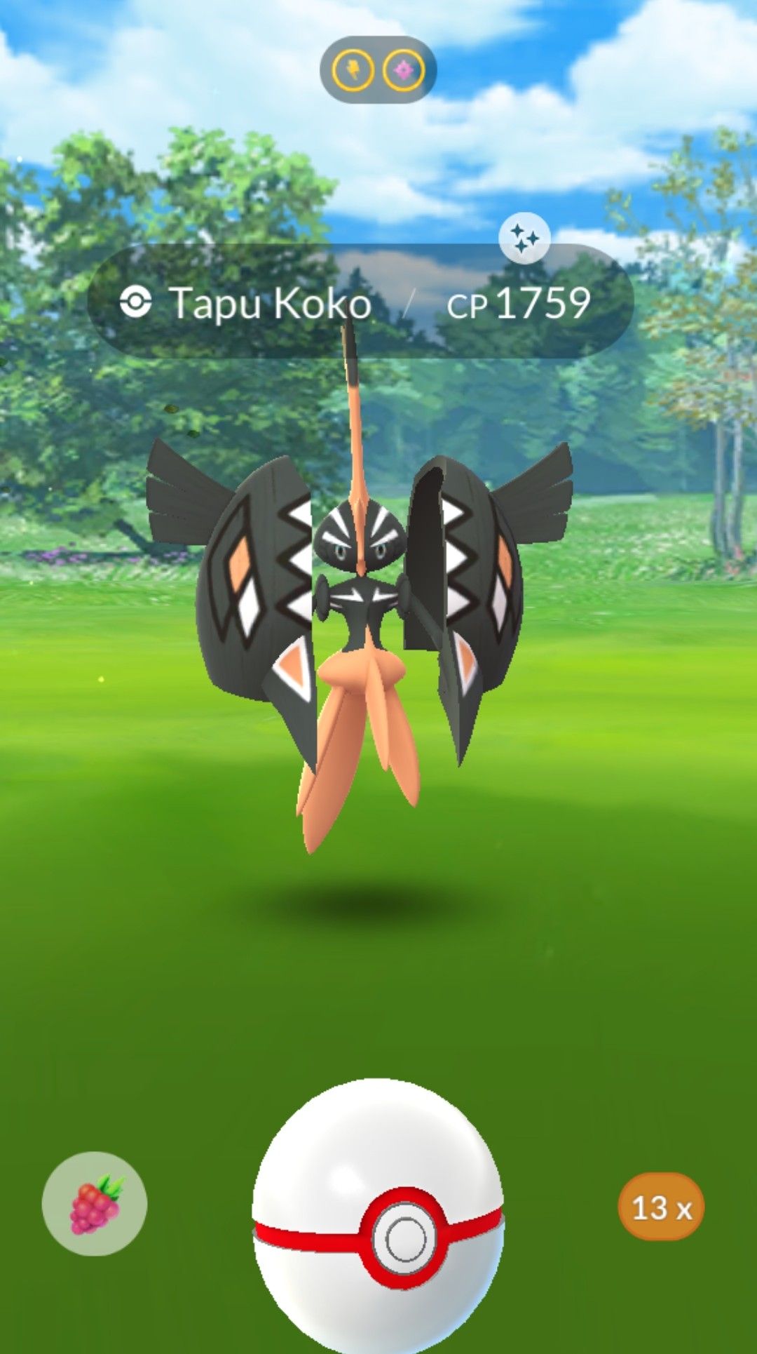 A Pokemon GO screenshot showing a Shiny Tapu Koko encounter after a raid.