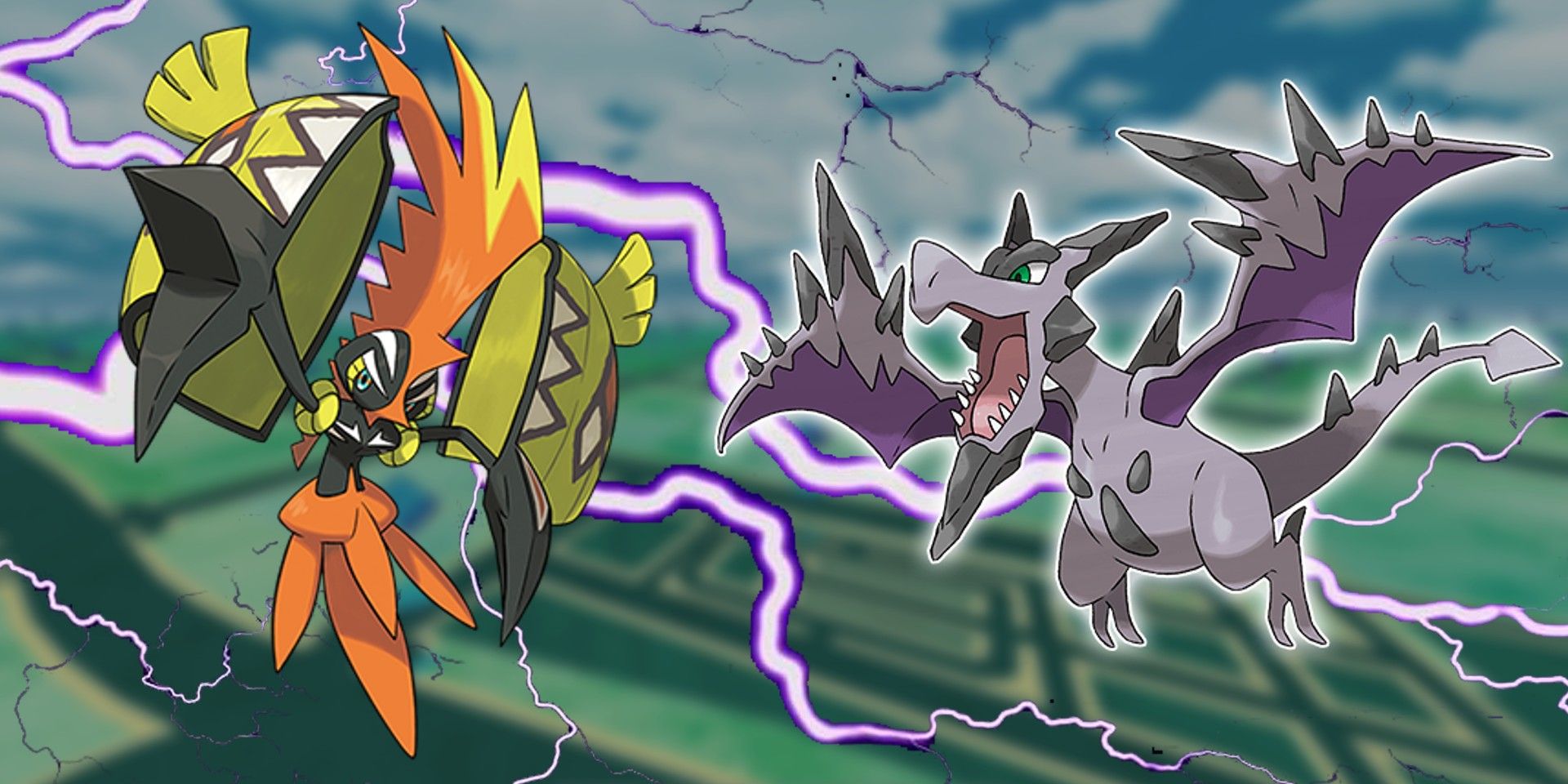 Pokemon's Tapu Koko to the left and Mega Aerodactyl to the right. Pokemon's Regice is on the left and Mega Lopunny is on the right. Behind them is a purple lightning effect with Pokémon GO's layout in the background.