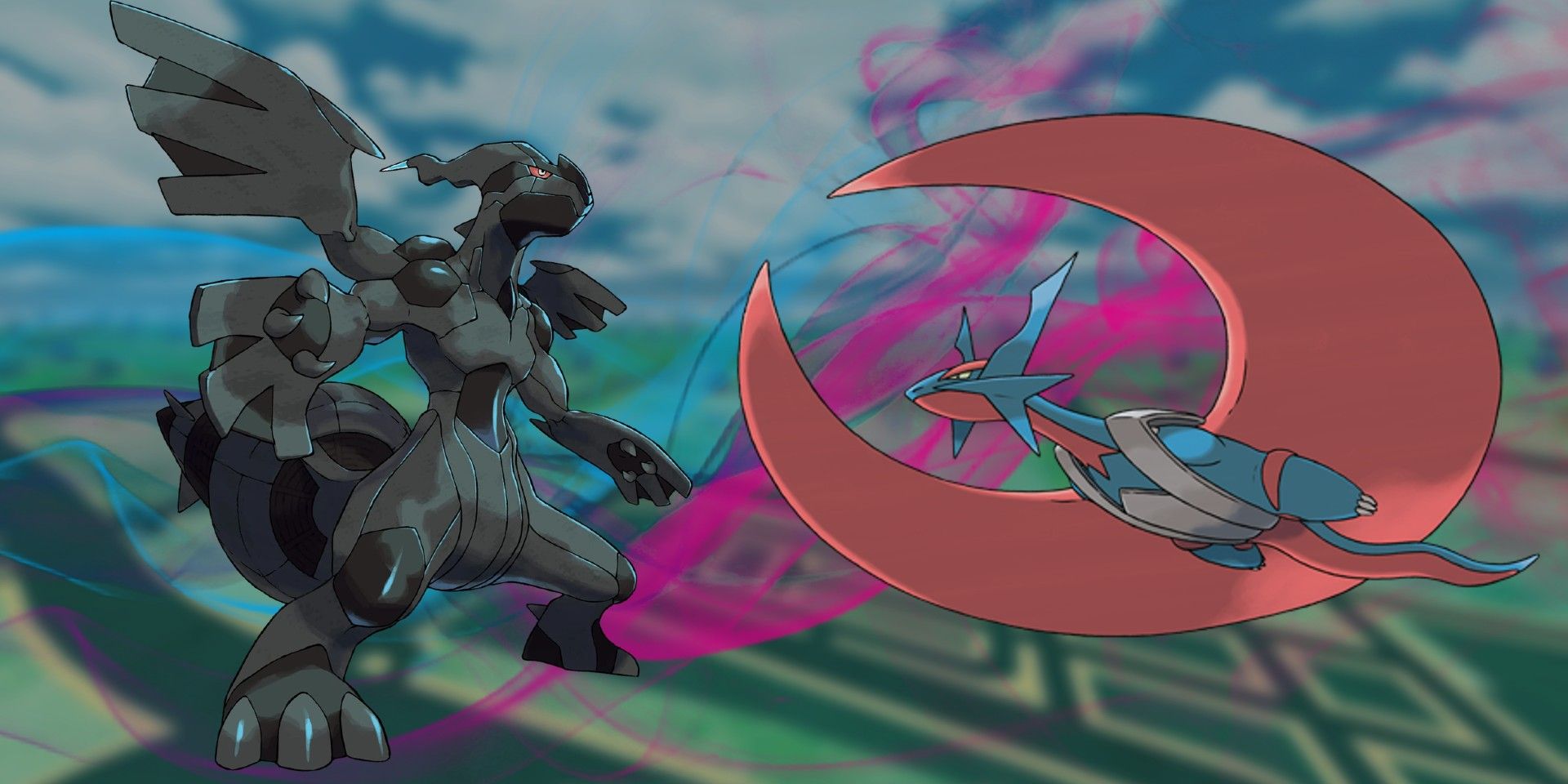 Zekrom Pokemon di kiri dan Mega Salamence di kanan.  Di belakangnya ada efek kabut biru dan merah muda tua dengan tata letak Pokemon GO di latar belakang.