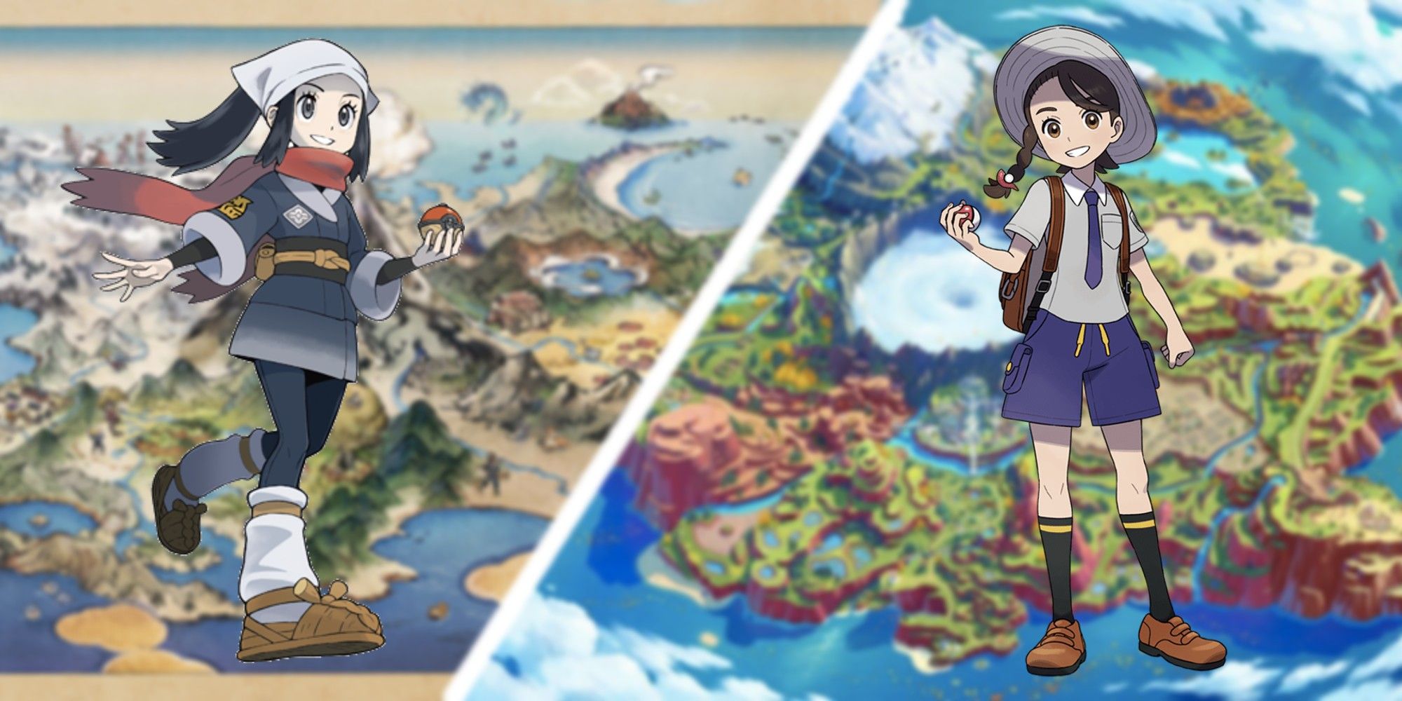 split image Map portions of Pokemon's Hisui and Paldea regions with a protagonist from Arceus and SV.