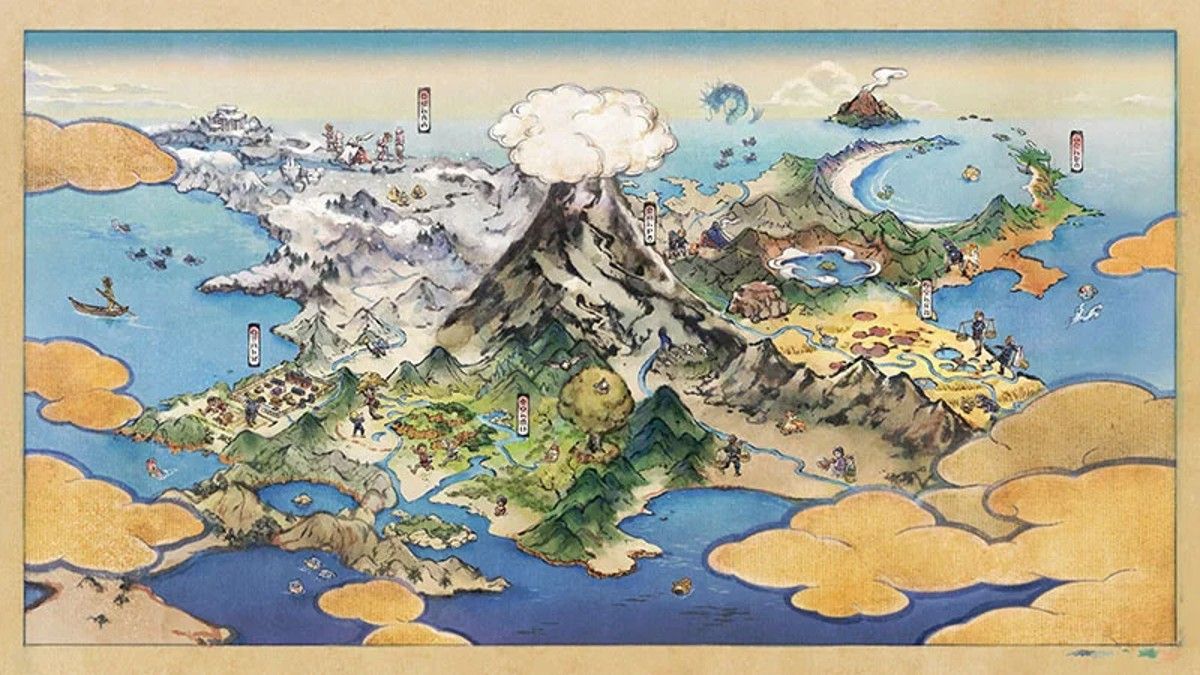 Pokémon Legends: ilustração do mapa da região de Arceus Hisui.