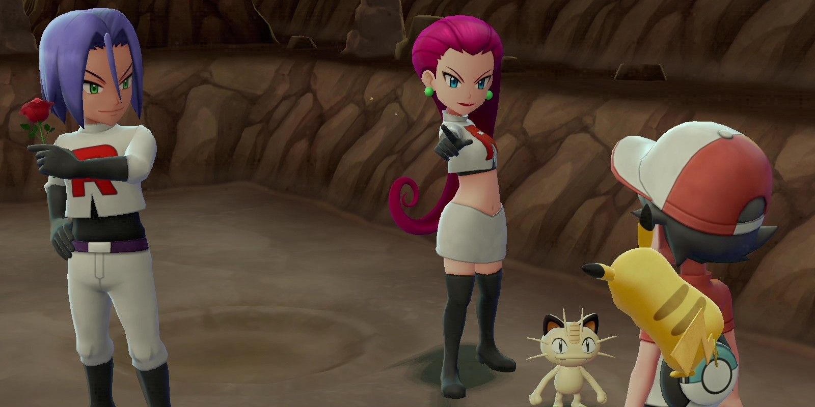 The player featured in Pokémon: Let's Go, Pikachu!  being challenged by Jessie and James from Team Rocket.