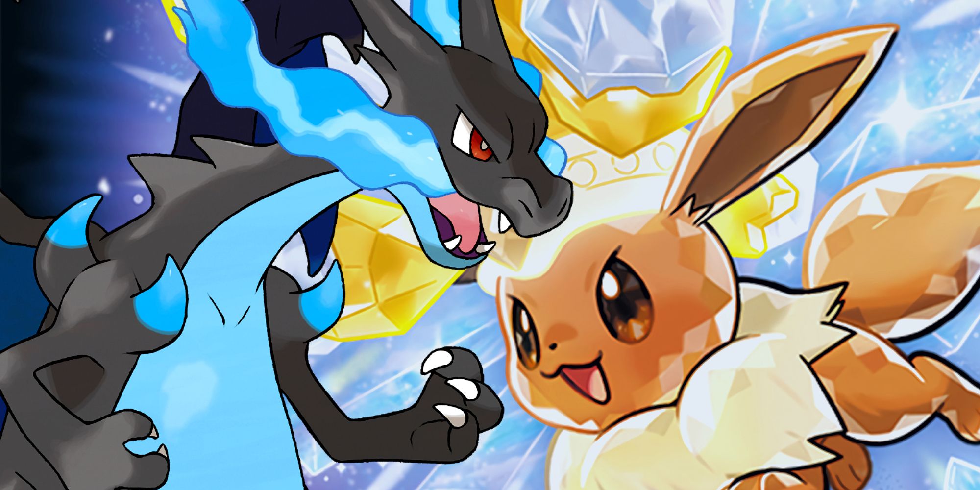 Mega Charizard X from Pokémon, with its alternate blue and black color palette, next to Terastallized Eevee, wearing a diamond crown.
