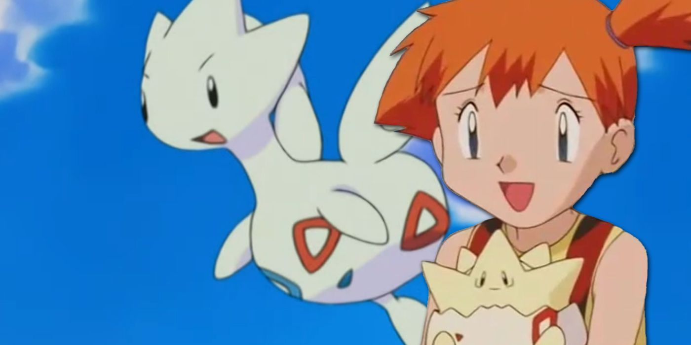 Pokemon: Misty with her Togepi, in front of the Togetic it would eventually become.