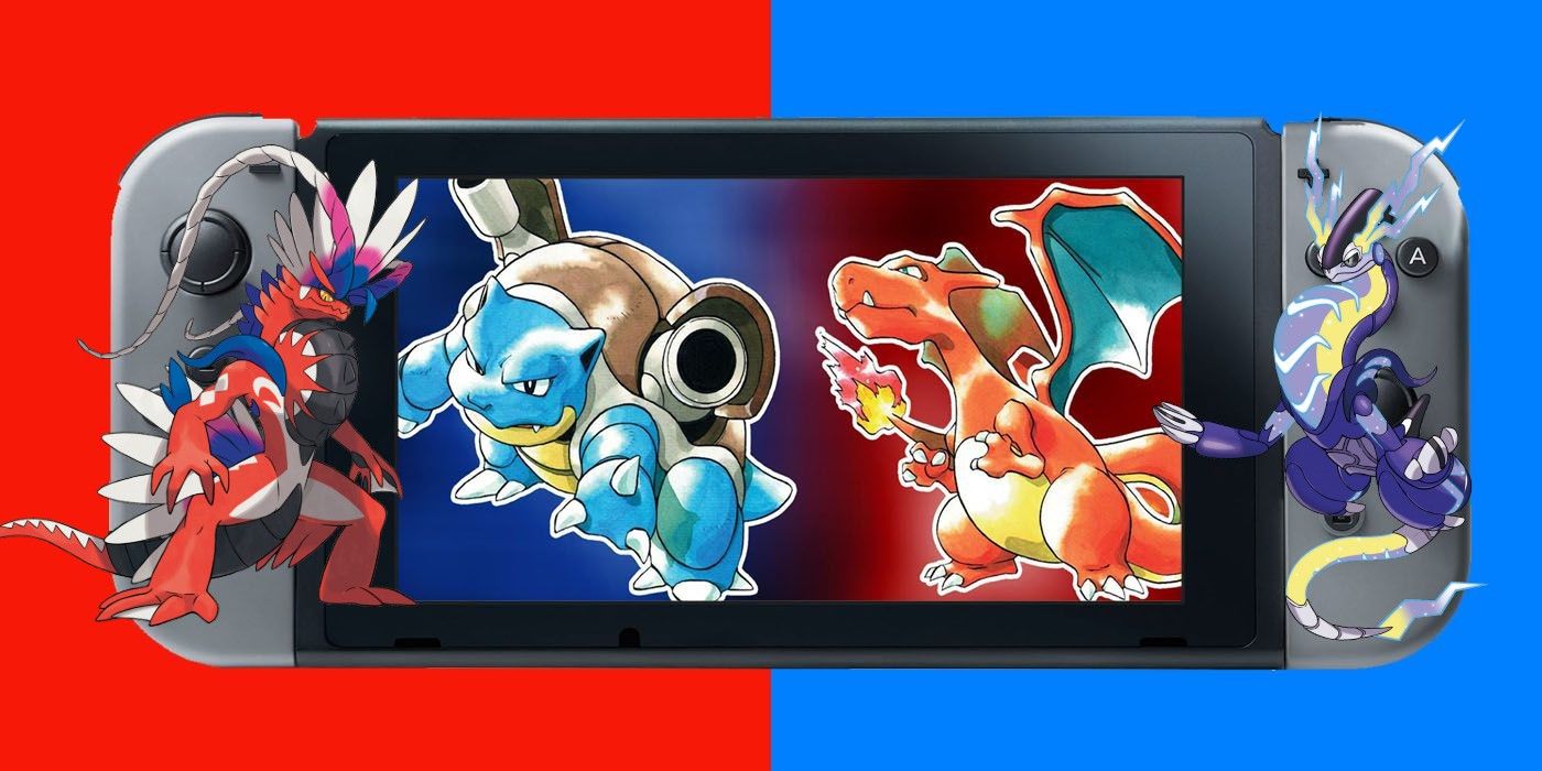 Pokémon Red and Blue cover in the Nintendo Switch, with images of the new legendaries Koraidon and Miraidon pasted on either side.