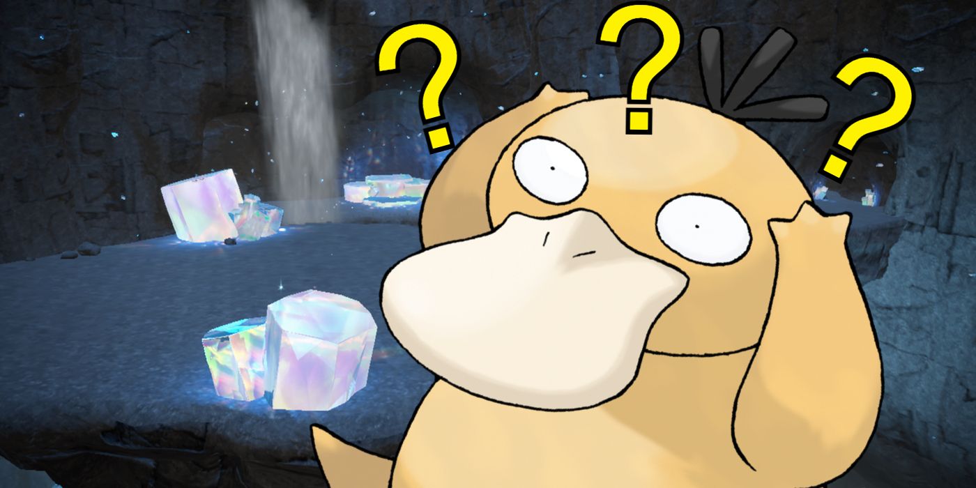 Psyduck looking confused with yellow question marks around his head pasted in front of a screenshot of Area Zero from Pokémon Scarlet and Violet, hinting at a mystery in the area.