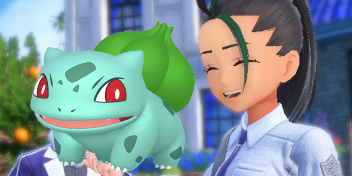 Image of a trainer from Pokémon Scarlet and Violet laughing at a sprite of Bulbasaur from Pokémon HOME.
