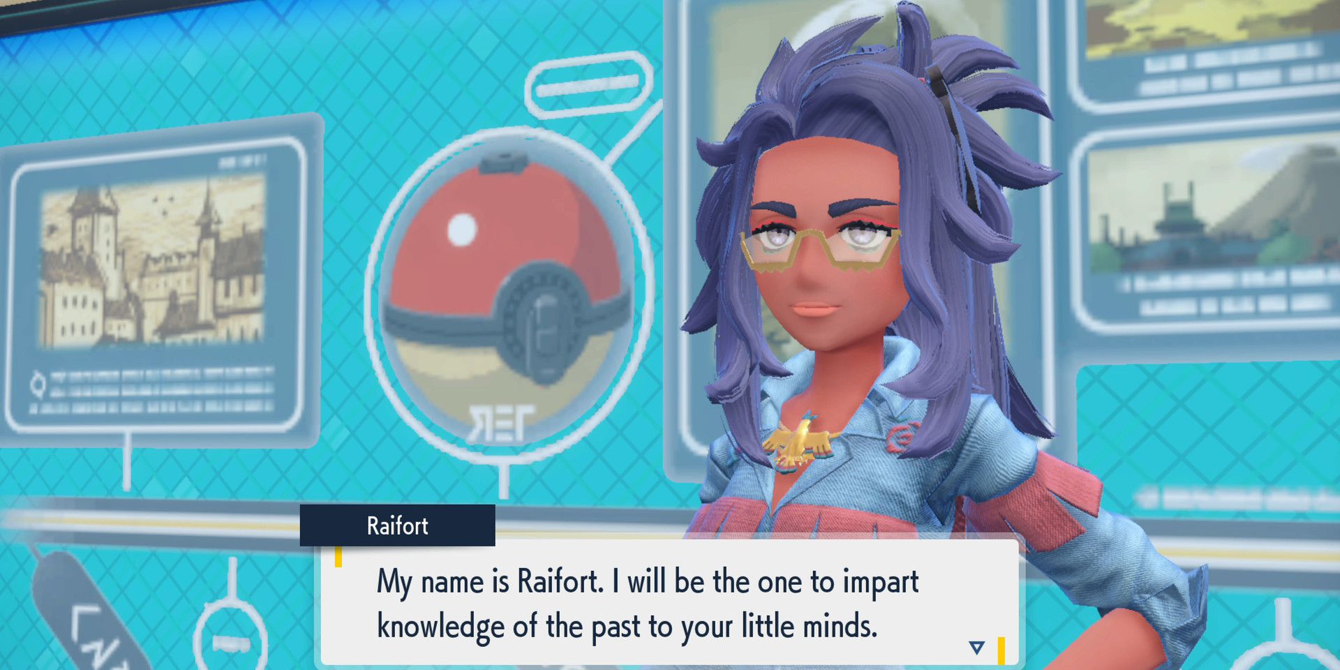 Pokémon Scarlet and Violet's Raifort, the history teacher at the academy. Raifort stands in front of a presentation showing a timeline, and her dialogue box reads, "My name is Raifort. I will be the one to impart knowledge of the past to your little minds."