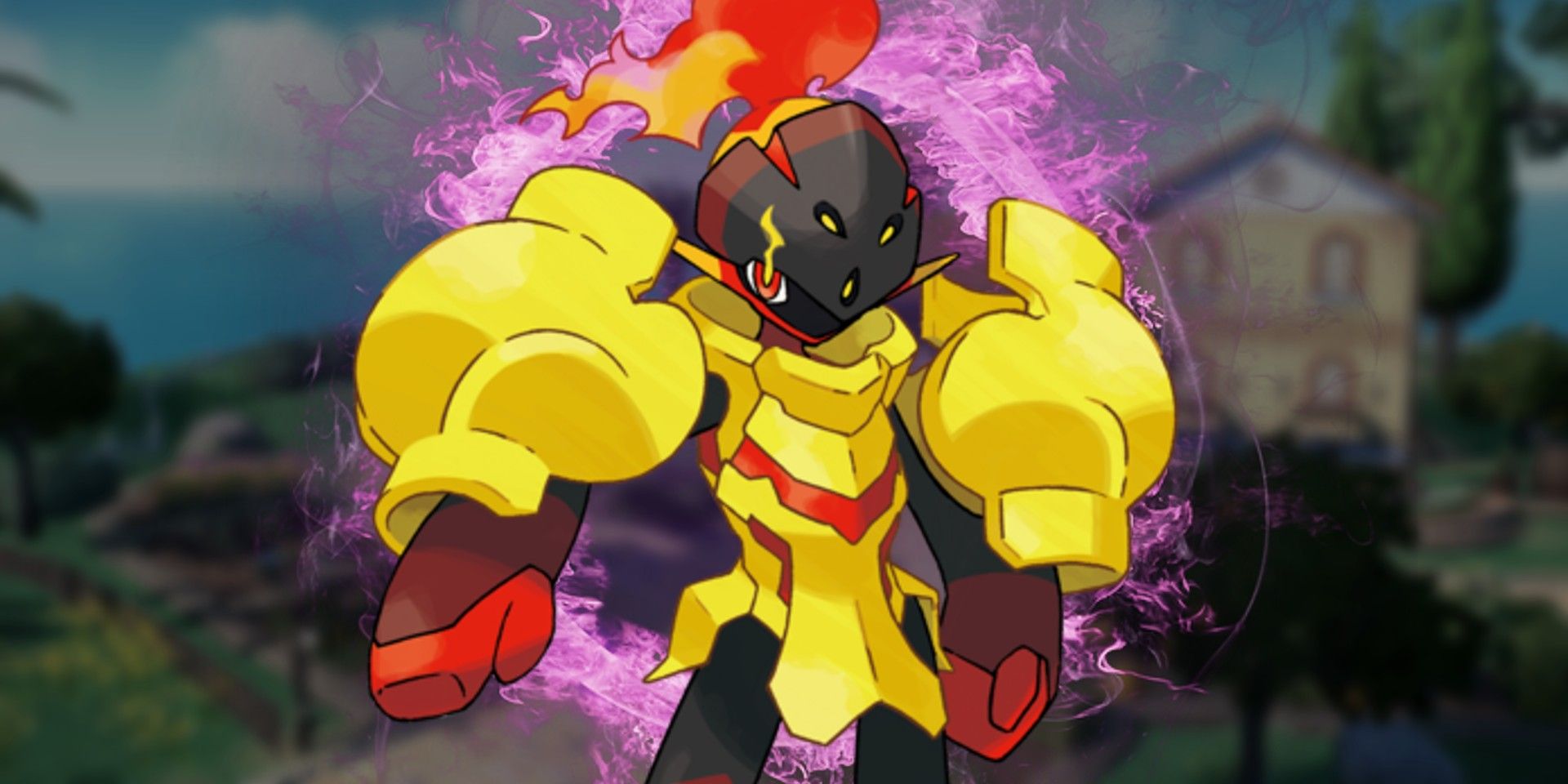 Pokemon Scarlet and Violet's Armarouge stands with a purple ring of fire behind it. In the background is a blurred-out image of the region of Paldea.