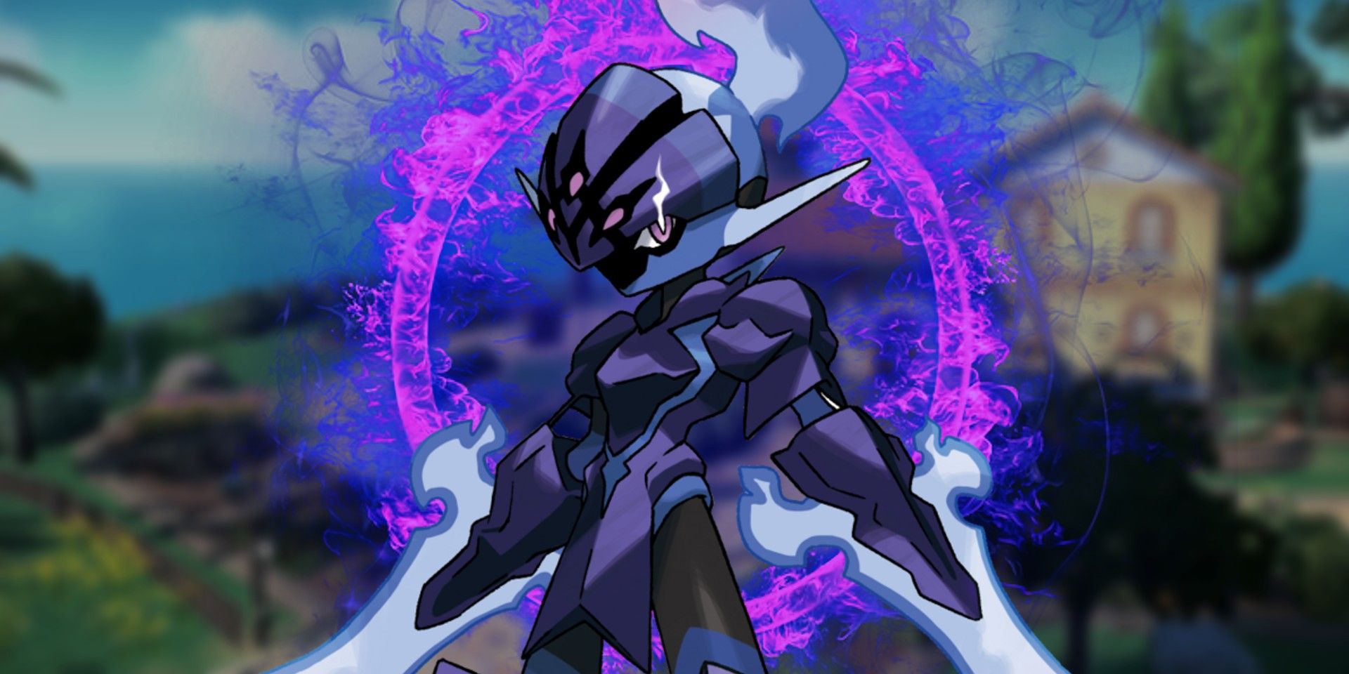 Pokemon Scarlet and Violet's Ceruledge stands in front of a purple circle of flames, with the Paldea region in the background.