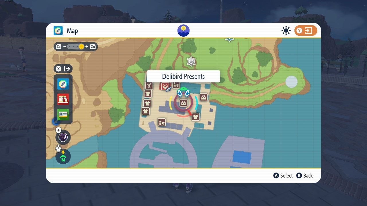 Mapa de Pokémon Scarlet e Violet mostrando a loja Delibird Presents de Levincia.