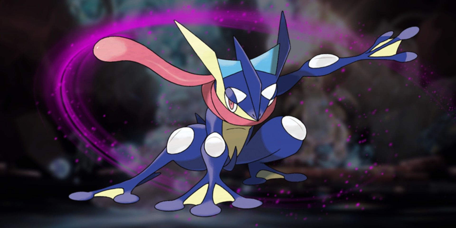 Pokemon's Greninja striking a ninja pose in the middle while a purple half circle of energy is behind it. In the background is a blurred-out Tera Raid battle against a Dragonite.