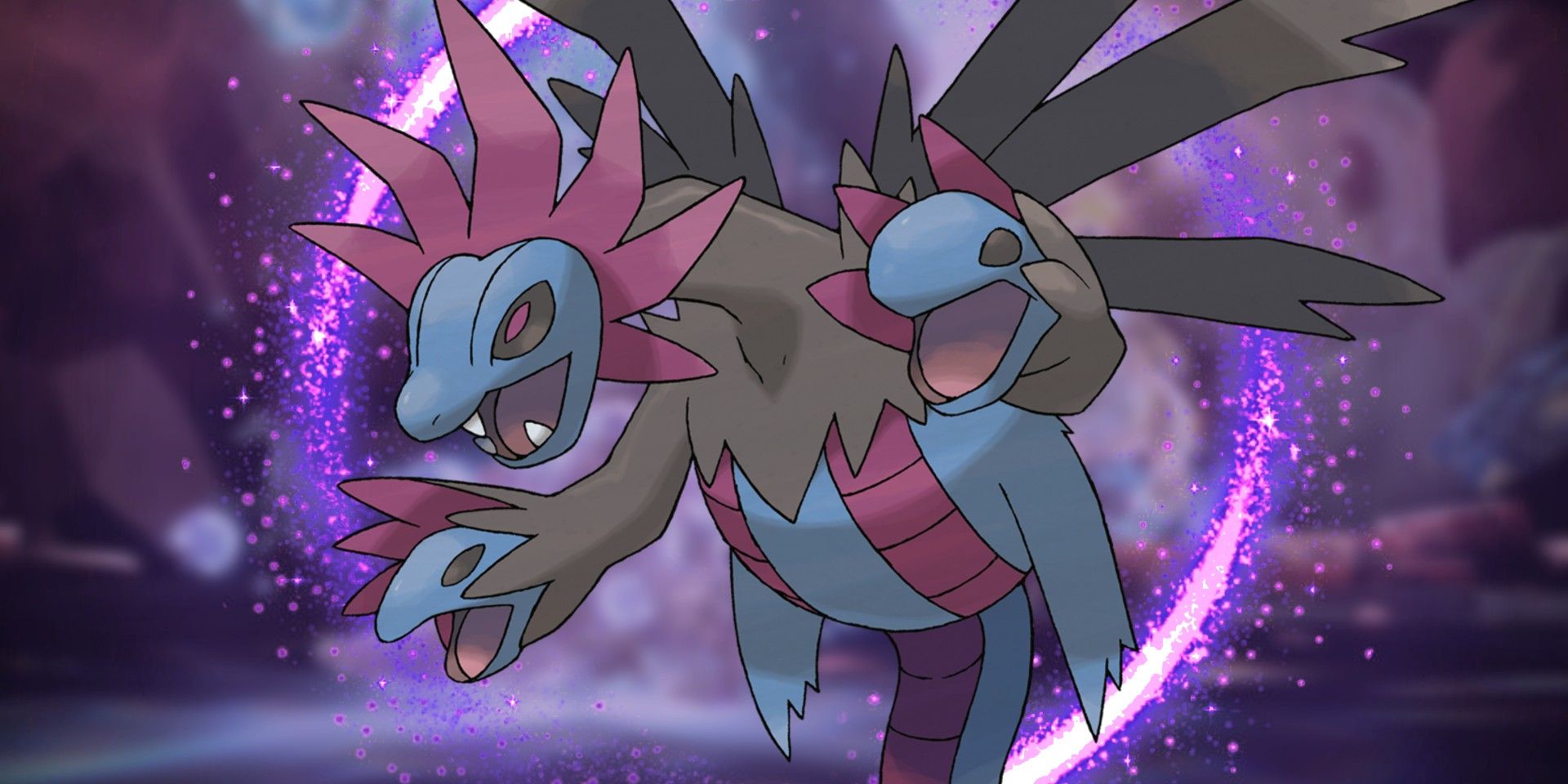 Pokemon's Hydreigon in a Tera cave with a purple circular energy forming behind it.