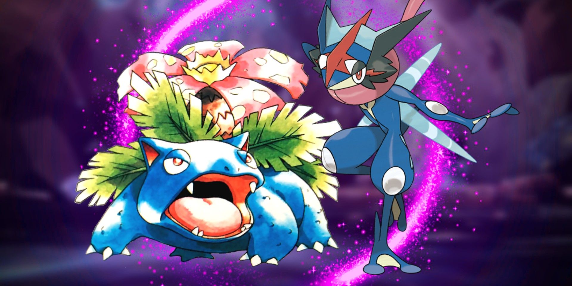 Pokemon Scarlet and Violet's Tera Raid cavern blurred-out in the background with a Venusaur featured on the left and Ash's Greninja on the right. Immediately behind the Pokémon is a circling purple energy, representing the Poison Tera type.