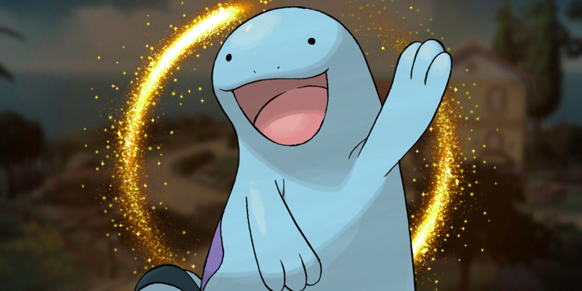 A Quagsire smiles and lifts its left paw while a yellow energy circles behind it. In the background is the blurred-out image of the Trainer's house in Paldea.